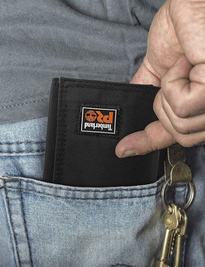 Timberland PRO - Billetera Hombre Cordura con Protección RFID - Negro - 13 Bolsillos - Cierre de Velcro - Triptico - Nailon - Adulto