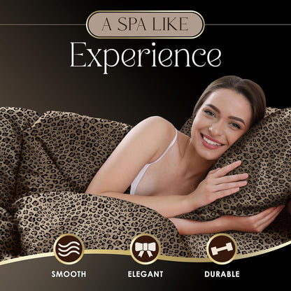 Martex Elegance - Juego de sábanas de satén de 4 Piezas, tamaño King, Calidad de Hotel de Lujo, Estampado de Leopardo, Sedoso Suave y Suave, café