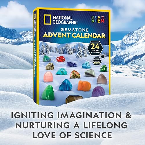 NATIONAL GEOGRAPHIC Gemstone Advent Calendar - 2022 Advent Calendar for Kids with 24 Gemstones to Open Each Day, a Complete Rock Collection Christmas Countdown Calendar with Mini Gemstone Dig Kit