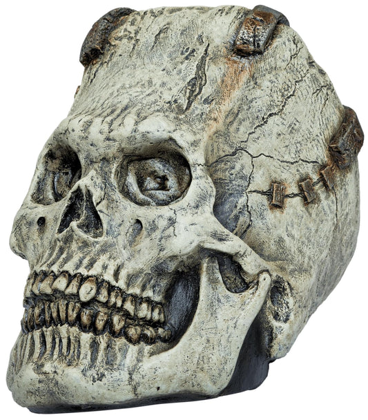 Ghoulish Productions Franky Skull, Artículo Decorativo de Craneo de Esqueleto de Frankenstein, Adorno para Decoración de Halloween de Cabeza de Monstruo Ideal para Casa de Terror