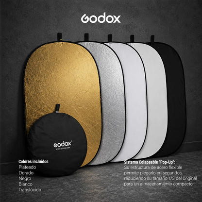 GODOX Reflector Rebotador Ovalado 5 en 1 de 120x80cm para Fotografía, Difusor de Luz Plegable con Superficies Dorado, Plata, Blanco, Negro y Translúcido, con Funda