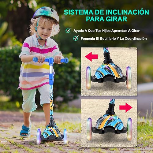 Hurtle Patin del Diablo Monopatin Scooter para Niños de 2 a 5 Años, 3 Ruedas con Luces LED, Mini Kickboard con Freno, Antideslizante, Manillar Ajustable de 64 cm a 78 cm