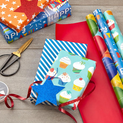 Hallmark - Rollos de papel de regalo de cumpleaños, globos, estrellas, magdalenas, rayas azules, papel de regalo rojo sólido (juego de 3 rollos reversibles: 75 m2 pies ttl.)