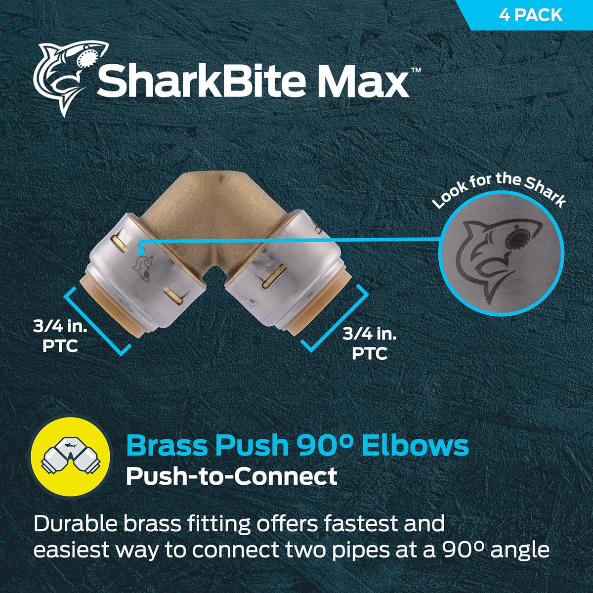SharkBite Max 3/4 pulgadas codo de 90 grados, paquete de 4, ajuste de fontanería de latón a presión para conectar, tubería PEX, cobre, CPVC, PE-RT, HDPE, U256LFA