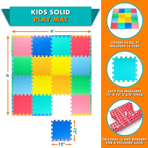 ProSource Baby Play Mat, Soft Foam Floor Tiles for Kids, Interlocking EVA Panels for Playpen Use, Crawling Development Surface, Safe Non-Toxic Toddler Flooring, 16 Tiles, Multicolor