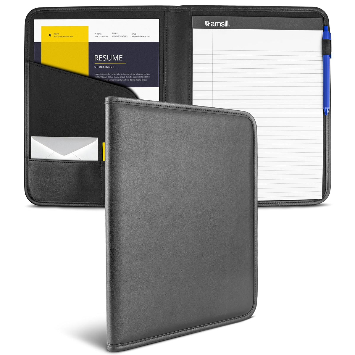 Samsill Padfolio profesional, portafolios de negocios, negro, incluye 8.5 x 11 bloc de escritura