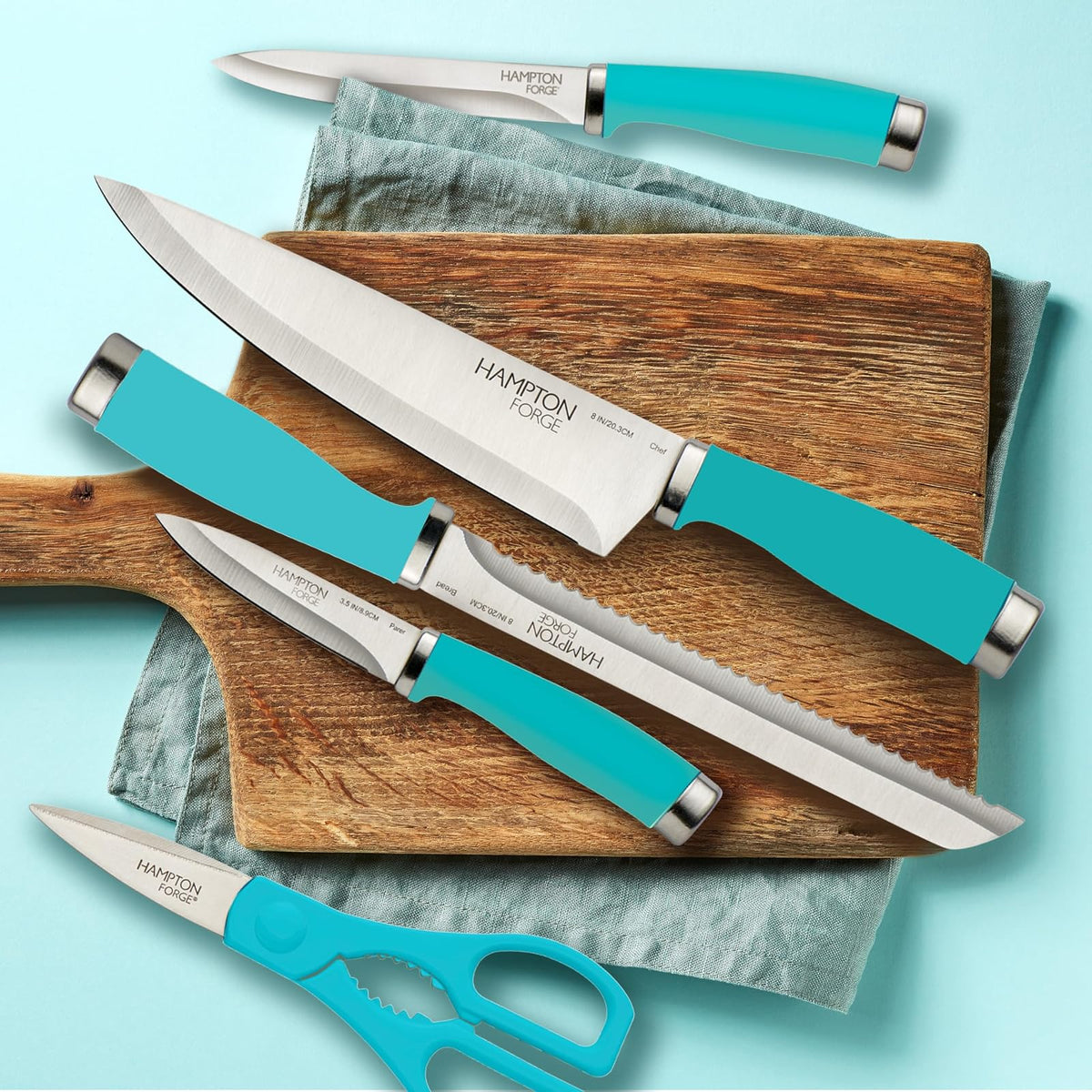 Hampton Forge Set de Cuchillos Epicure True Aqua 15 Piezas con Bloque de Madera, Acero Inoxidable, Lavado a Mano