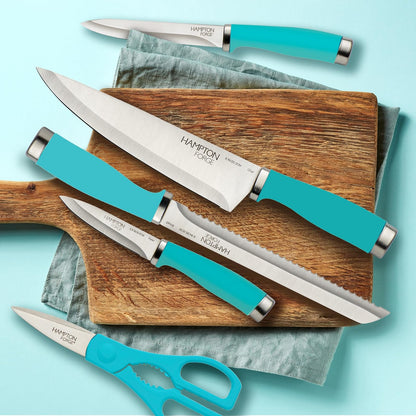 Hampton Forge Set de Cuchillos Epicure True Aqua 15 Piezas con Bloque de Madera, Acero Inoxidable, Lavado a Mano