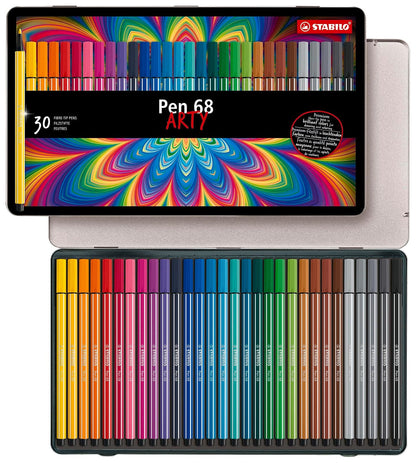 STABILO Pen 68, estuche ARTY con 30 plumines en colores surtidos | Lata de 30 colores surtidos