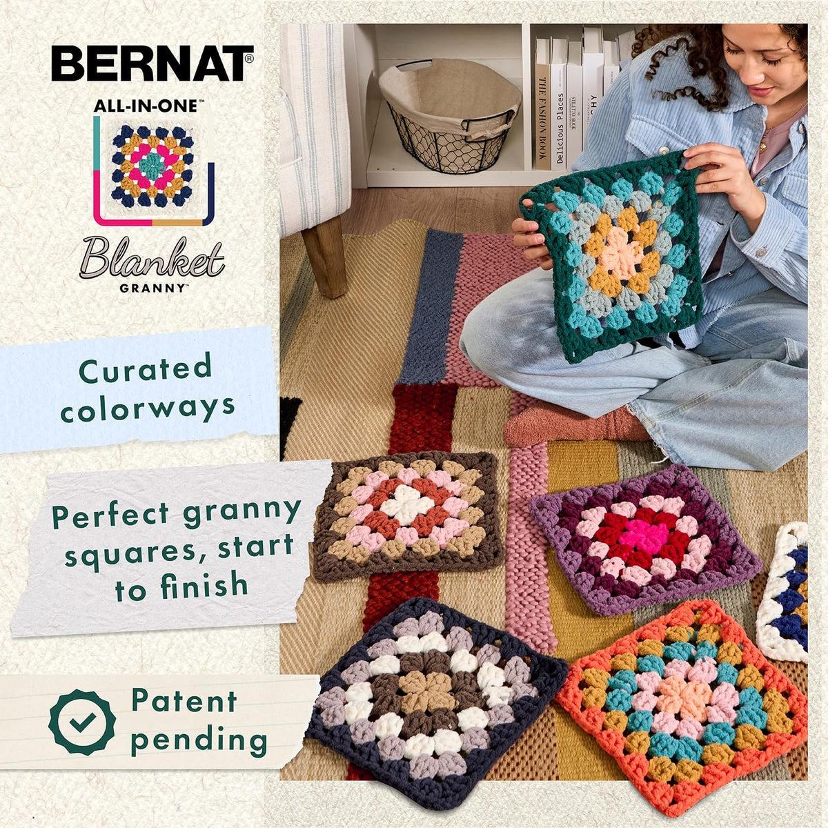 Bernat Blanket Granny Square Seaside Shine - Paquete de 2 240 g / 8.5 oz - 100% poliéster - #6 Super voluminoso - 178 yardas - Tejer/Crochet