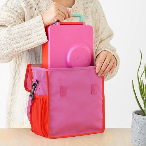 Omielife- Bolsa de almuerzo – lavable, plegable, duradera, resistente al agua, con bolsillo interior y soporte externo para botellas, Rosa