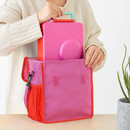 Omielife- Bolsa de almuerzo – lavable, plegable, duradera, resistente al agua, con bolsillo interior y soporte externo para botellas, Rosa
