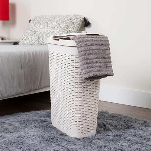 Mind Reader 40L Slim Laundry Hamper, Clothes Basket, Lid, Wicker Design, Plastic, 18" L x 10.4" W x 23.5" H, Set of 2, Ivory