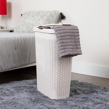 Mind Reader 40L Slim Laundry Hamper, Clothes Basket, Lid, Wicker Design, Plastic, 18" L x 10.4" W x 23.5" H, Set of 2, Ivory