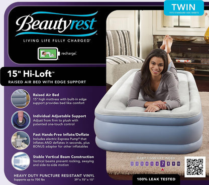 Colchón Inflable Hi-Loft: Cama de Aire de Perfil Elevado con Bomba Externa, Individual, Gris/Blanco
