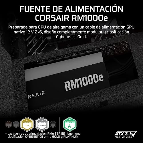 Corsair RM1000e (2025) Fuente de alimentación ATX Totalmente Modular de bajo Ruido con Cable de 12V-2x6 - Compatible con ATX 3.1 y PCIe 5.1, eficiencia Cybenetics Gold, condensadores a 105°C - Negro
