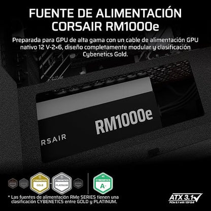 Corsair RM1000e (2025) Fuente de alimentación ATX Totalmente Modular de bajo Ruido con Cable de 12V-2x6 - Compatible con ATX 3.1 y PCIe 5.1, eficiencia Cybenetics Gold, condensadores a 105°C - Negro
