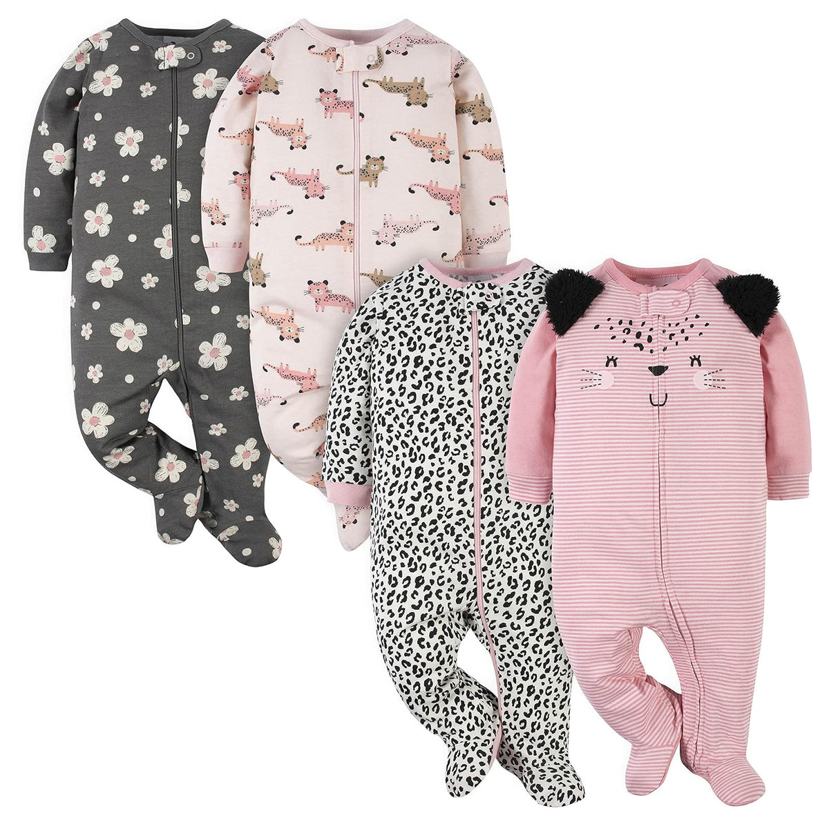 Gerber Set de 4 Pijamas Sleep 'N Play para Bebé Recién Nacido - Recién nacido - rosa (Leopard PINK)