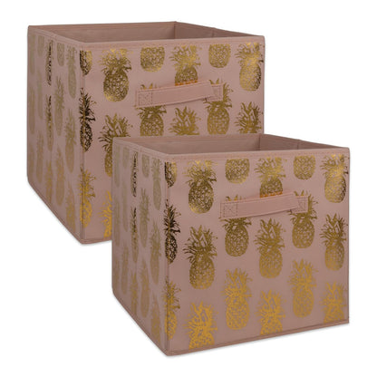 DII Cajas de almacenamiento de tela, para organización en guarderías, oficinas y en el hogar, están hechos para adaptarse a cubetas organizadoras estándar, Pineapple Gold on Pink, Large - Set of 2, 1, 2 - Large - 13 x 13 x 13" - Conjunto de 2 - Piña - Ros