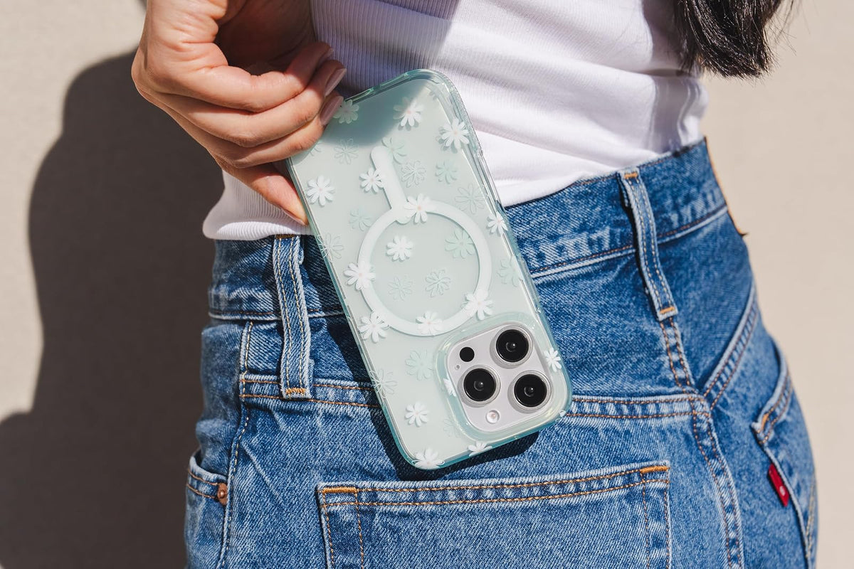 ZAGG Milan Snap - Funda para iPhone 16 Pro, diseño Floral Blanco sobre Base Verde Transparente, Compatible con MagSafe y Carga inalámbrica, protección contra caídas de 14 pies, ecológico, Reforzado