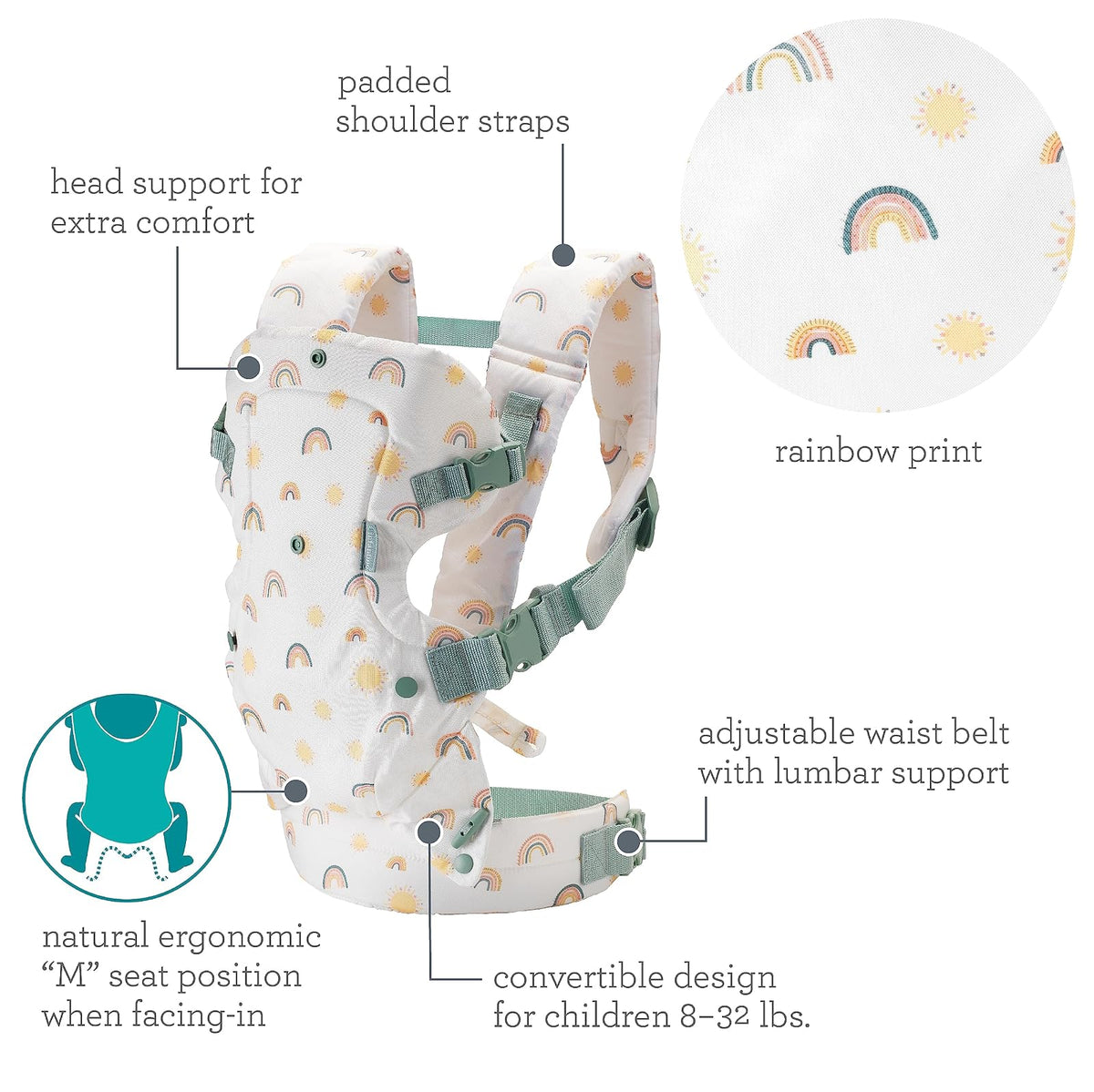 Infantino - Portabebés convertible 4 en 1, ajustable, ergonómico, esencial para el registro de bebé, portabebés para recién nacidos a niños pequeños, arco iris