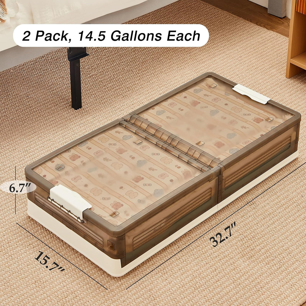 VECELO Almacenamiento debajo de la cama con ruedas, paquete de 2 contenedores apilables debajo de la cama, contenedores de almacenamiento debajo de la cama con tapas, caja plegable de plástico para