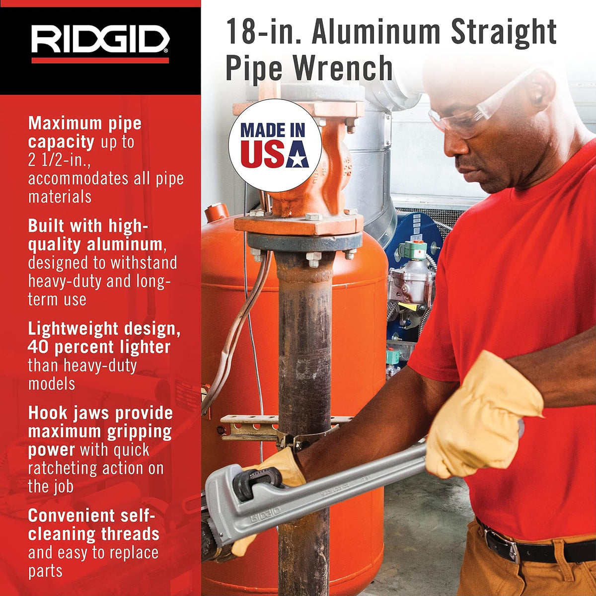 RIDGID - Llave de Tubo 31100, 818, Herramienta Multiusos, Aluminio, Trabajos Pesados, Tuberías y Plomería Profesional