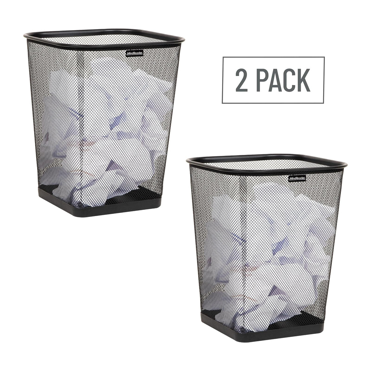 Mind Reader - Bote de basura de malla, cesta de papel desechable, cuadrado, oficina, malla metálica, juego de 2, color negro