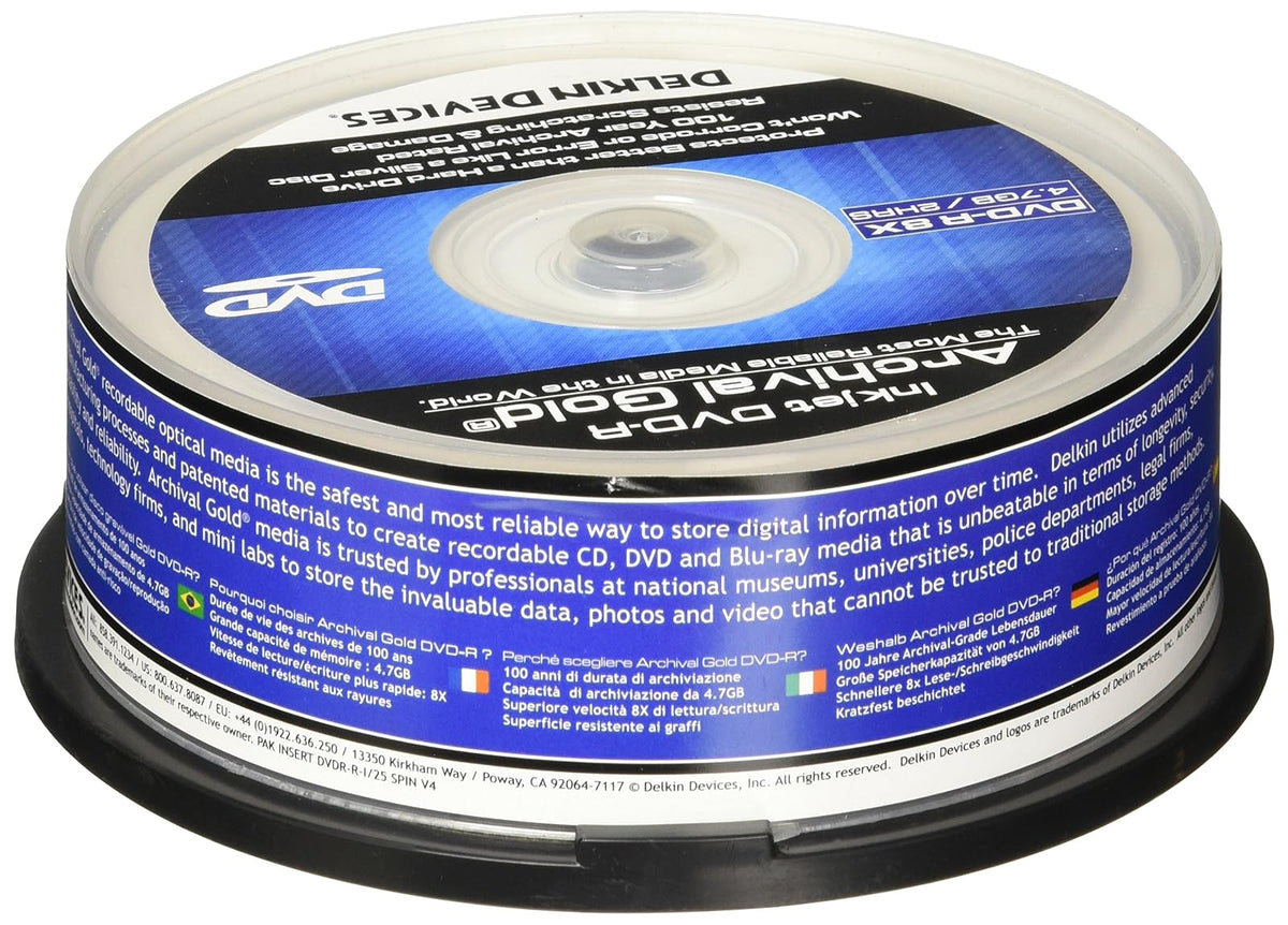 DELKIN DDVD-R-I/25 SPIN 8X 100 Year Life Span Archival Gold Inkjet DVD-R (25 Pack Spindle)