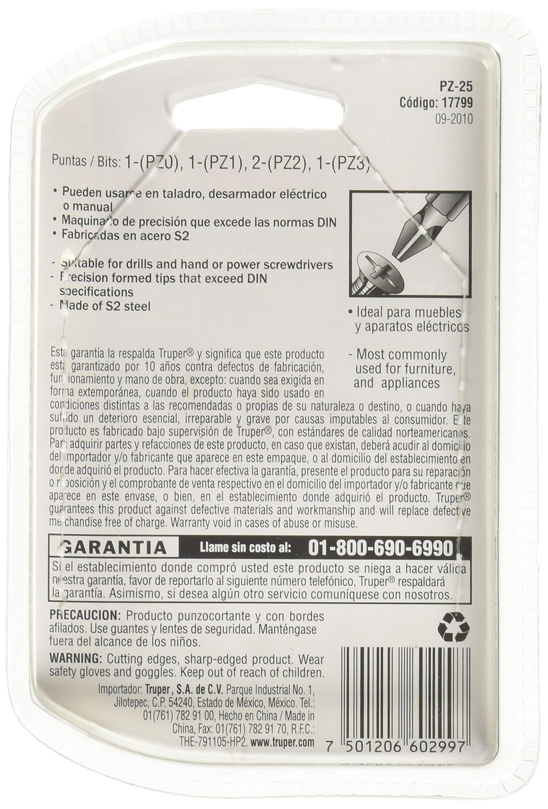 Truper PUDE-2002, Estuche con 5 puntas pozidriv combinadas largo 2"