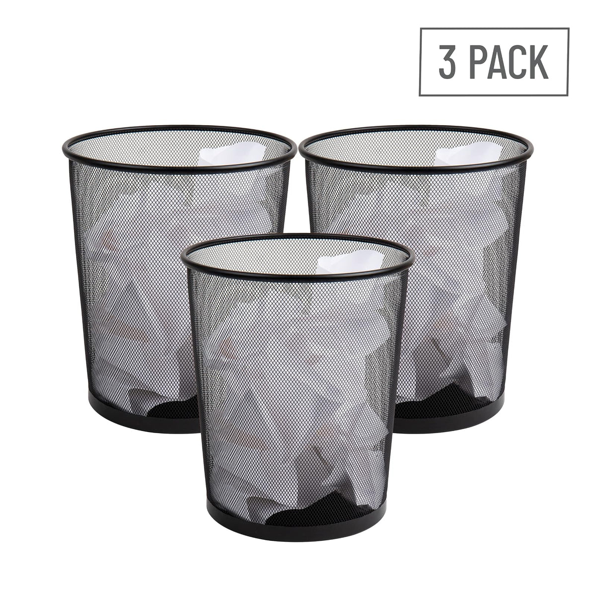 Mind Reader Mesh Trash Can, Set of 3, Waste Paper Basket, Round, Office, Metal Mesh, 11.5" L x 11.5" W x 13.75" H, Black