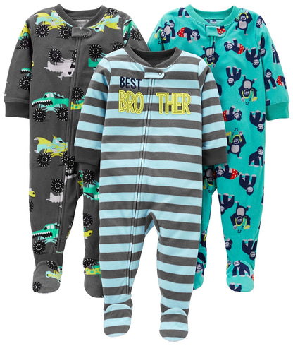 Simple Joys by Carter's pijama con pies, paquete de 3 - 3 Años - Camiones monstruo gris oscuro - Rayas azul claro - Gorila azul turquesa
