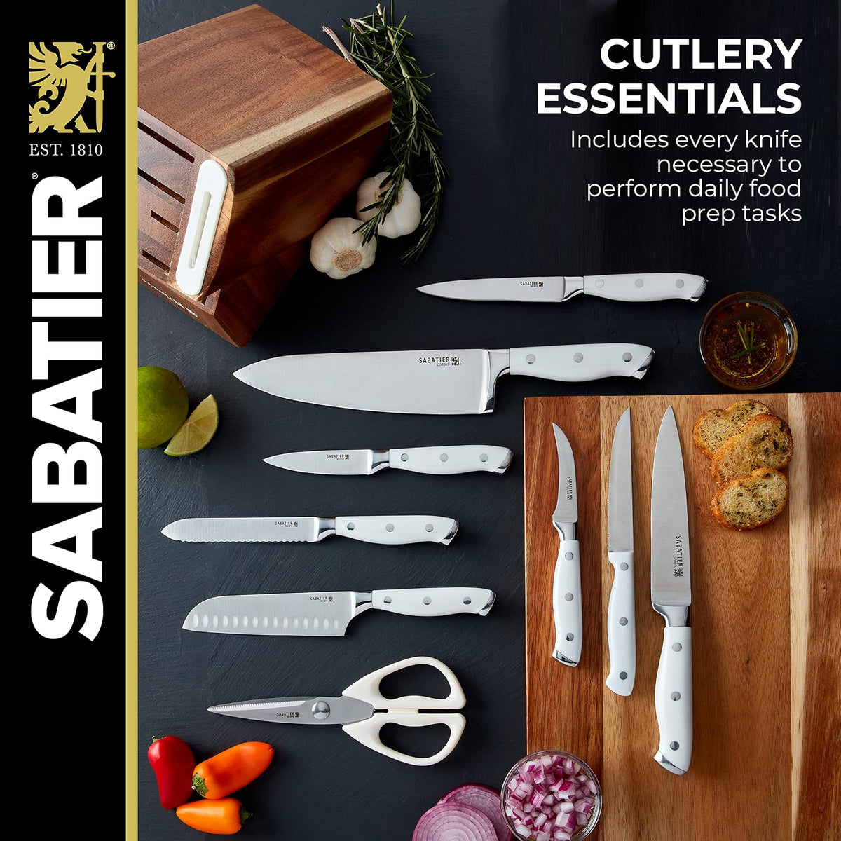 Sabatier Juego de 15 Cuchillos Forjados Edgekeeper | Con afilador integrado, acero inoxidable de alto carbono, bloque de acacia, color blanco