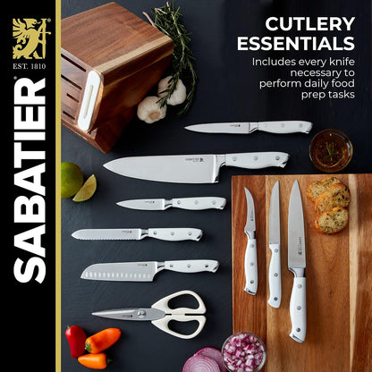 Sabatier Juego de 15 Cuchillos Forjados Edgekeeper | Con afilador integrado, acero inoxidable de alto carbono, bloque de acacia, color blanco
