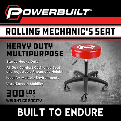Powerbuilt Rolling Shop Taburete con Altura Ajustable, Asiento de Garaje mecánico con Acolchado - 240250, Rojo
