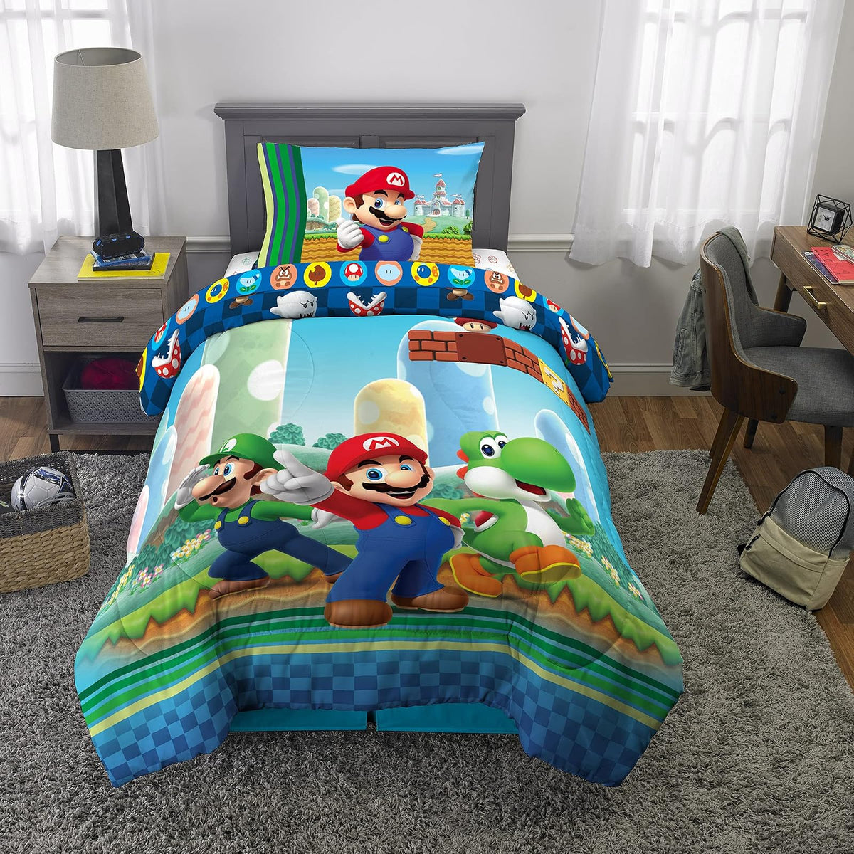 Franco Juego de edredón y sábanas súper Suaves para niños, 4 Piezas, tamaño Individual, Mario