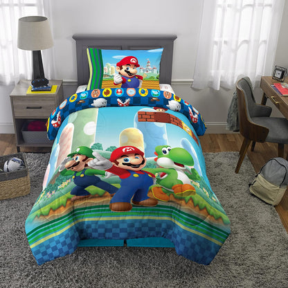 Franco Juego de edredón y sábanas súper Suaves para niños, 4 Piezas, tamaño Individual, Mario