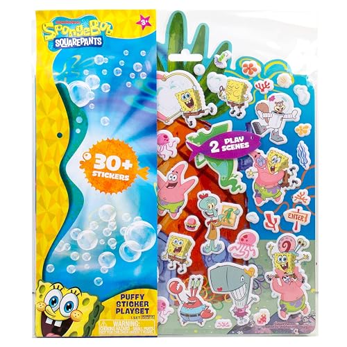 Spongebob - Juego de pegatinas hinchadas, incluye más de 30 calcomanías reutilizables y escenas de juego, libro de actividades de viaje reutilizable para niños, libro de actividades para niños