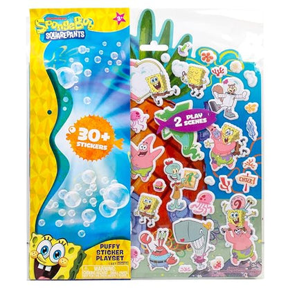 Spongebob - Juego de pegatinas hinchadas, incluye más de 30 calcomanías reutilizables y escenas de juego, libro de actividades de viaje reutilizable para niños, libro de actividades para niños