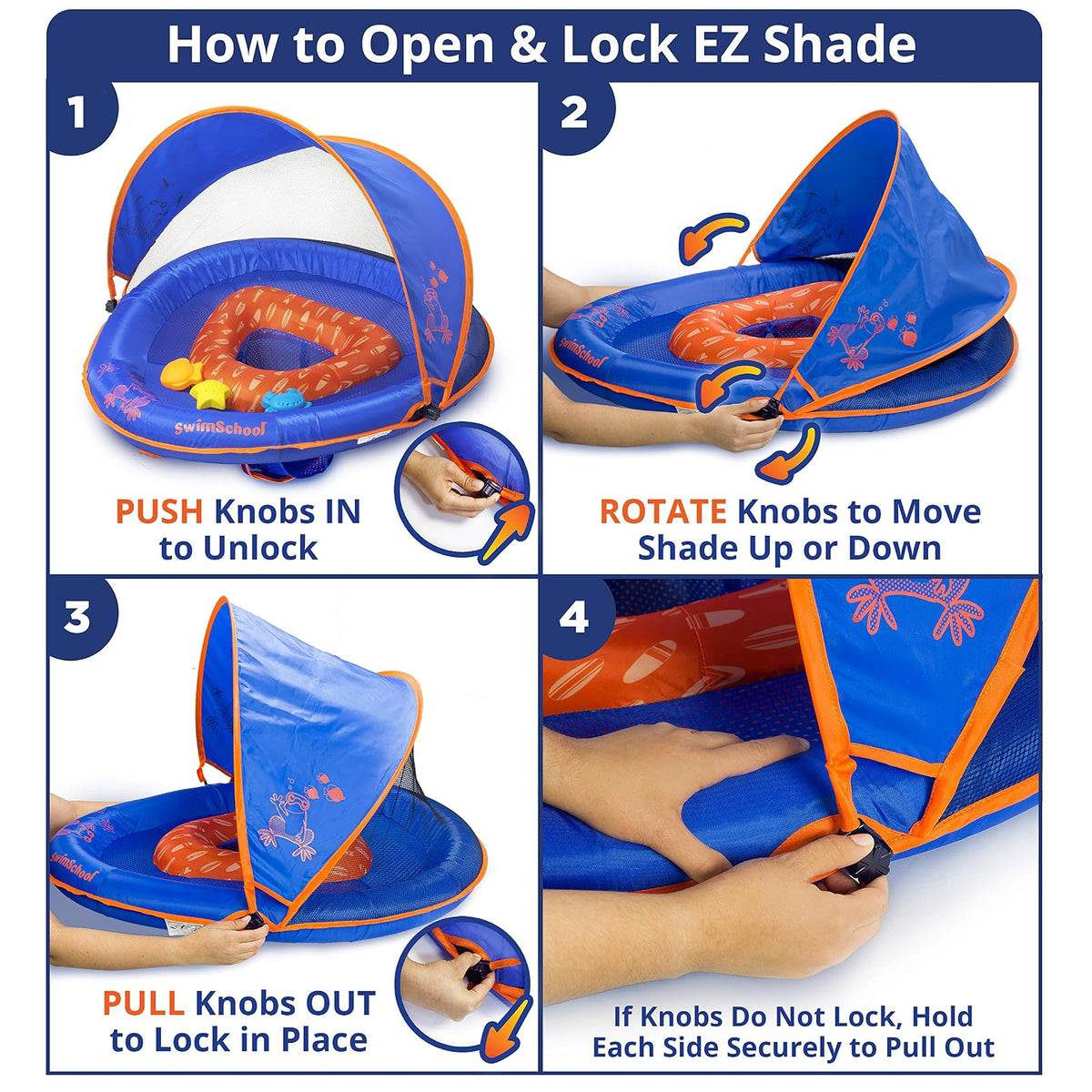 SwimSchool Deluxe Baby Float with Adjustable Canopy - 6-24 Months - Baby Swim Float with Splash & Play Activity Center and Perfect-Fit Safety Seat - Blue/Orange