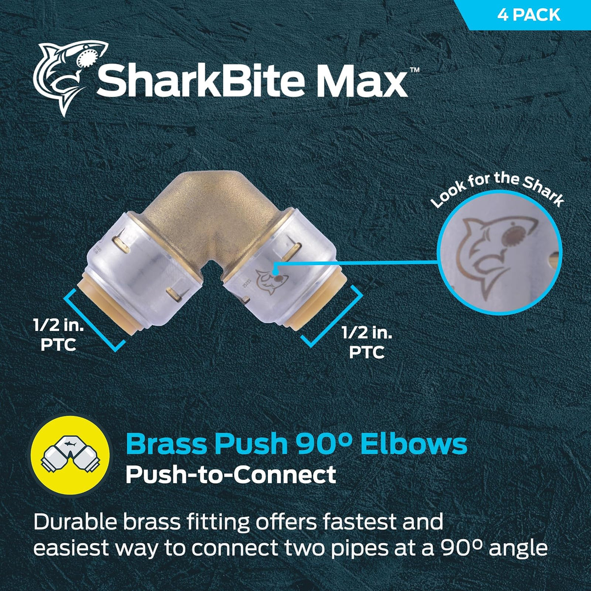SharkBite Max Codo de 90 grados de 1/2 pulgadas, paquete de 4, ajuste de fontanería de latón a presión para conectar, tubería PEX, cobre, CPVC, PE-RT, HDPE, UR248A4