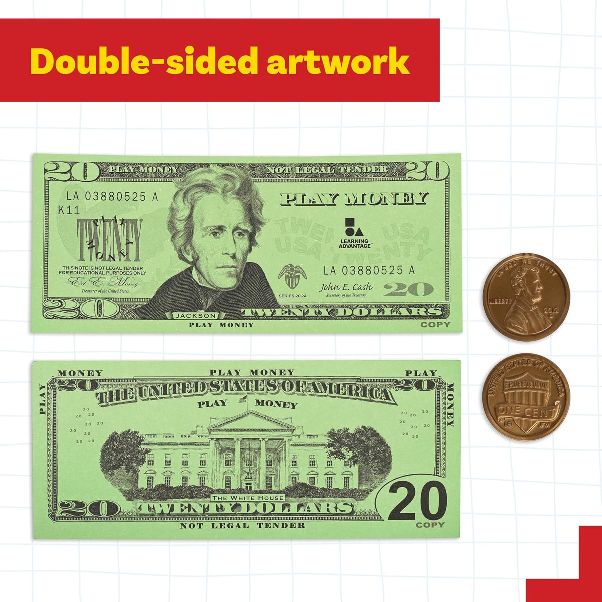 LEARNING ADVANTAGE Juego de Dinero | Billetes y Monedas | 100 Billetes y 94 Monedas | Manipulativos de matemáticas tempranas para niños | Dinero fingido diseñado como Moneda Real