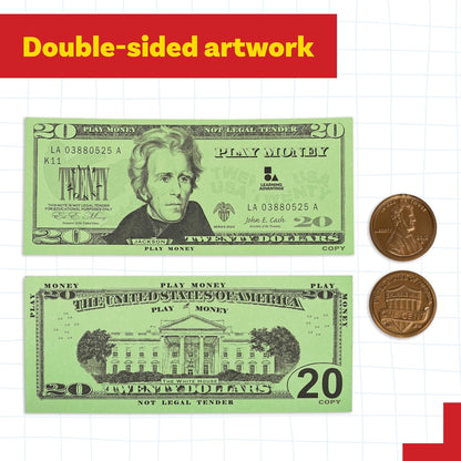 LEARNING ADVANTAGE Juego de Dinero | Billetes y Monedas | 100 Billetes y 94 Monedas | Manipulativos de matemáticas tempranas para niños | Dinero fingido diseñado como Moneda Real