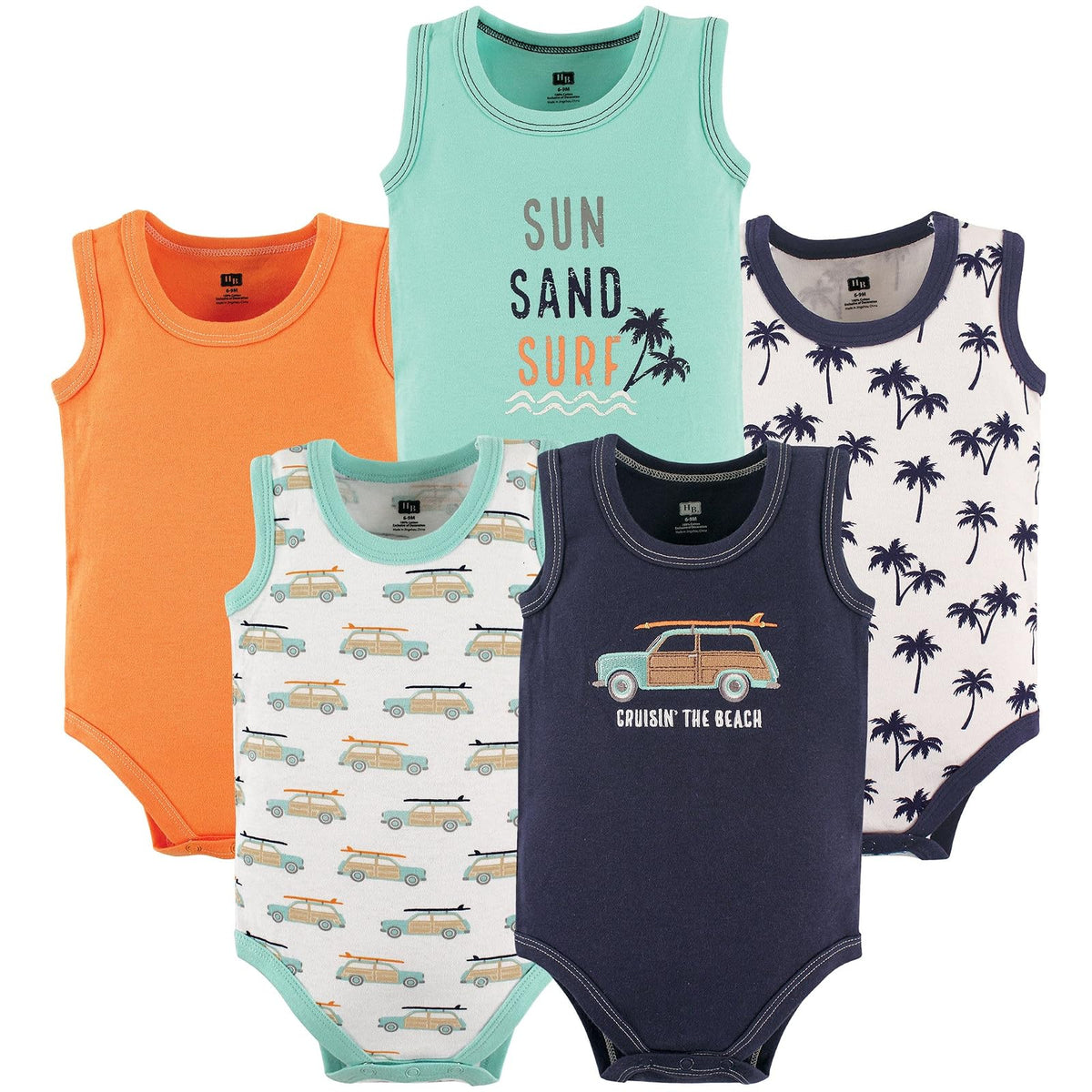 Hudson Baby Body Unisex sin Mangas para Bebé, Paquete de 5, Algodón - 6-9 Meses - Automóvil de surf