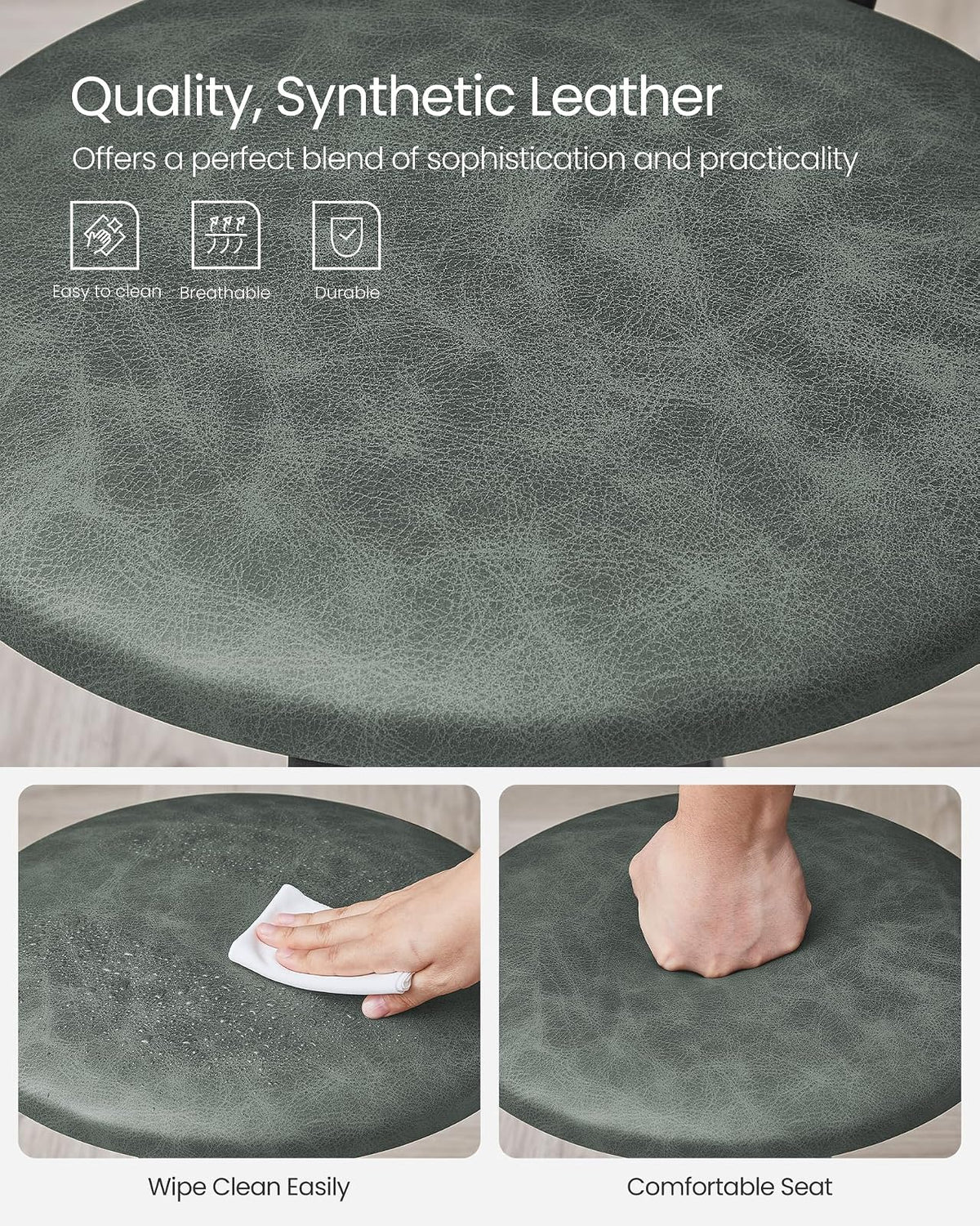 VASAGLE - Taburetes de Bar, Juego de 2, Tapizados de Poliuretano, con Respaldo y Reposapiés, Montaje Simple, para Comedor y Cocina, Negro y Verde Bosque