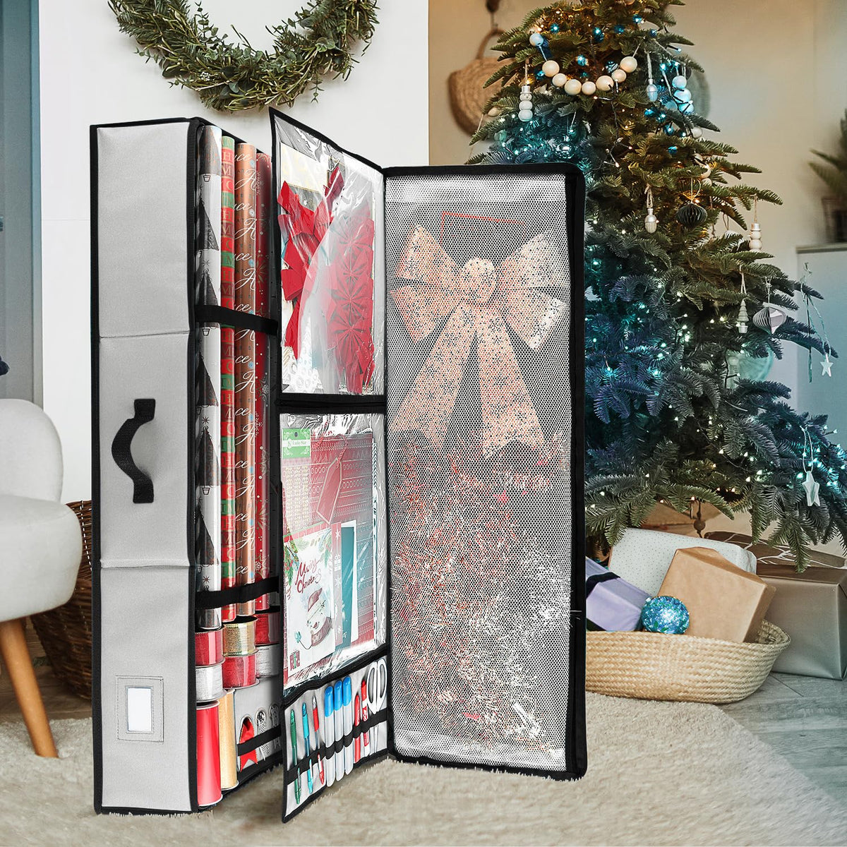 Hearth & Harbor - Contenedor de almacenamiento de papel de regalo con cinta organizador de almacenamiento - Bolsa de almacenamiento de Navidad con bolsillos interiores extras - Organizador de regalo