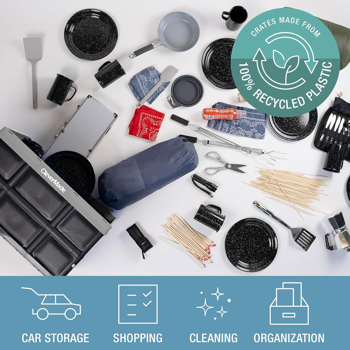 CleverMade Contenedores Plegables de Almacenamiento, Paquete de 3, 62 L, Apilables, Color Piedra