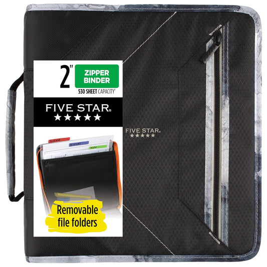 Five Star Carpeta de Tela con Cierre de 2" de 3 Argollas, Carpeta Extraíble y Organizador, Capacidad 380 hojas. Negro-Gris. 290360A-ECM.