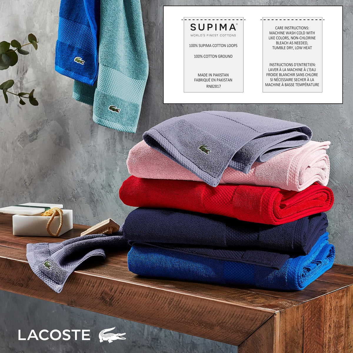 Lacoste Heritage - Toalla de baño de algodón Supima Magenta, 76.2 x 137.2 cm