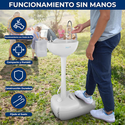 SereneLife Lavabo Portátil Fregadero para Camping con Tanque de Agua de 19L, Bomba de Pie, Dispensa Jabón y Soporte para Toallas, Compacto con Asa para Transportar, Ideal Actividades al Aire Libre